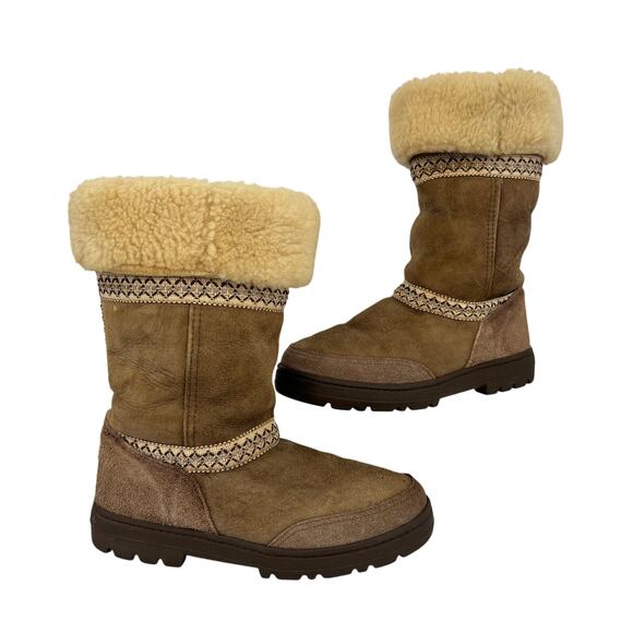 UGG Sundance Boots Size 9 Brown Genuine Leather Pure Wool Lining Fold Over - Picture 1 of 11